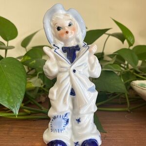 Adorable Vintage Porcelain Girl Figurine Blue and White